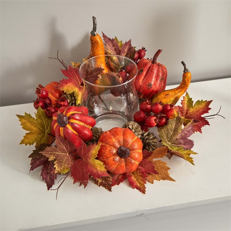 Nearly Natural Pumpkin Gourd Berry and Maple Leaf Artificial Arrangement