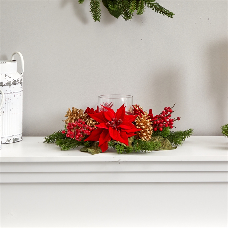 Nearly Natural Poinsettia Berry and Golden Pinecone Artificial Arrangement