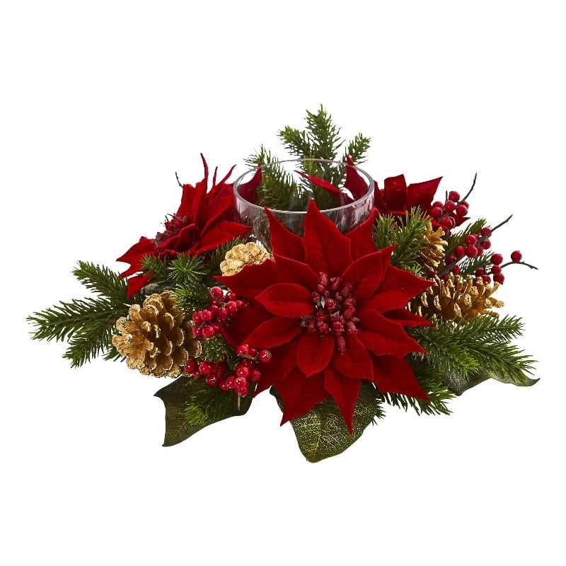 Nearly Natural Poinsettia Berry and Golden Pinecone Artificial Arrangement
