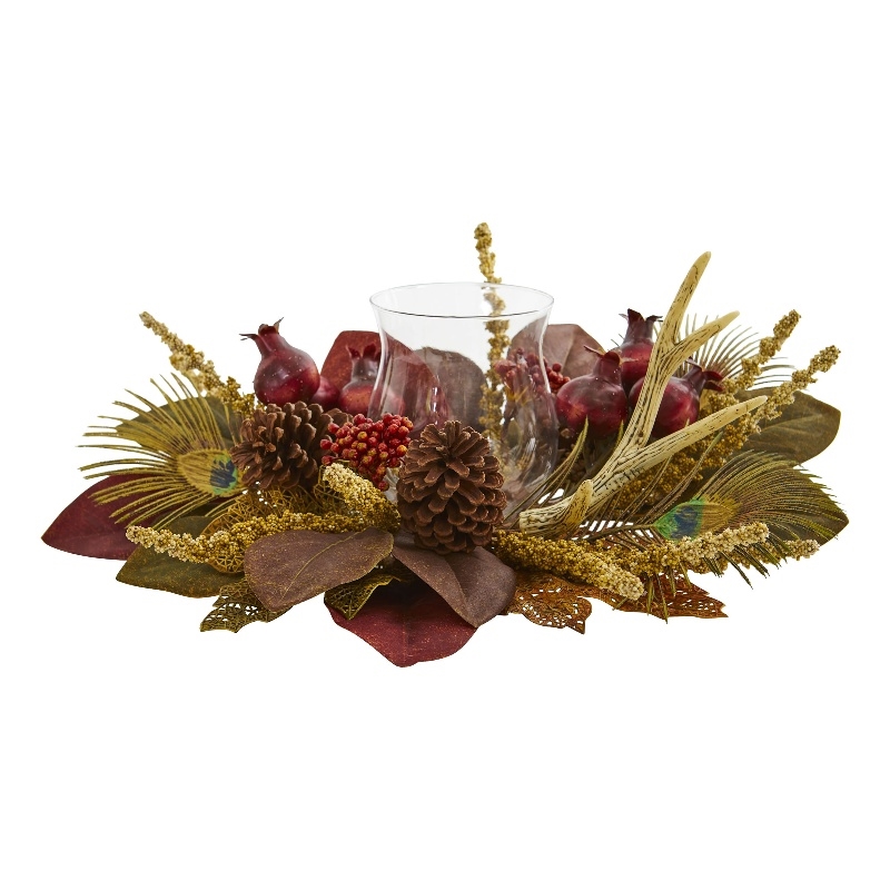 Nearly Natural Magnolia BerryAntler and Peacock Feather Artificial Arrangement