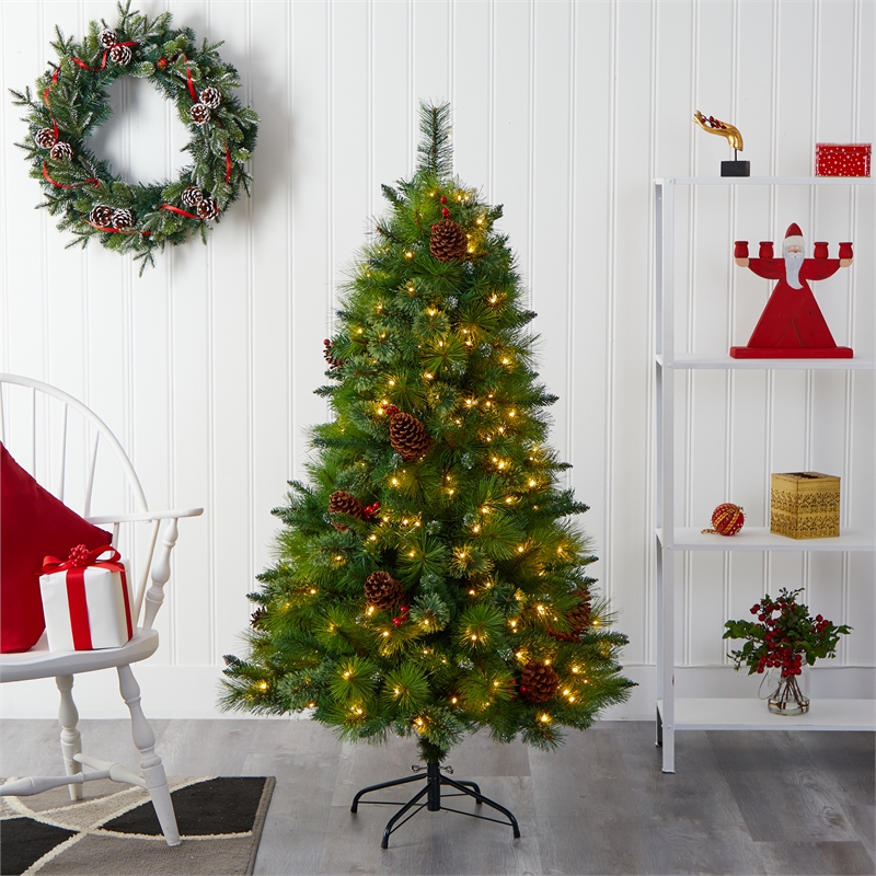 Nearly Natural 5ft Montana Mixed Pine Christmas Tree w/Berries 250 Clear LED