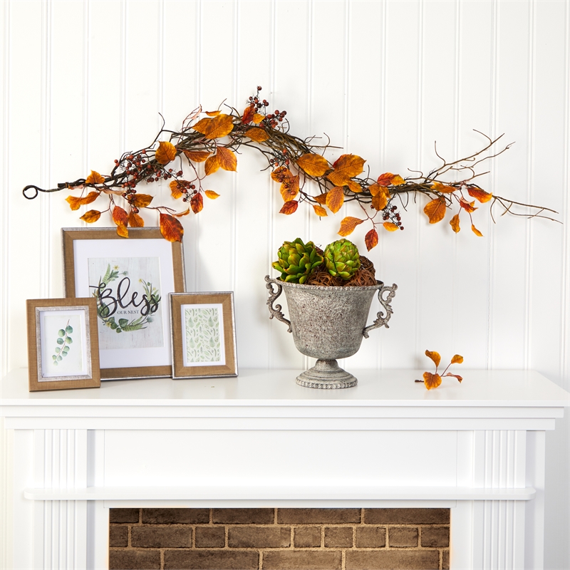 Nearly Natural 4ft Fall Foliage Berries & Twig Artificial Garland in Orange