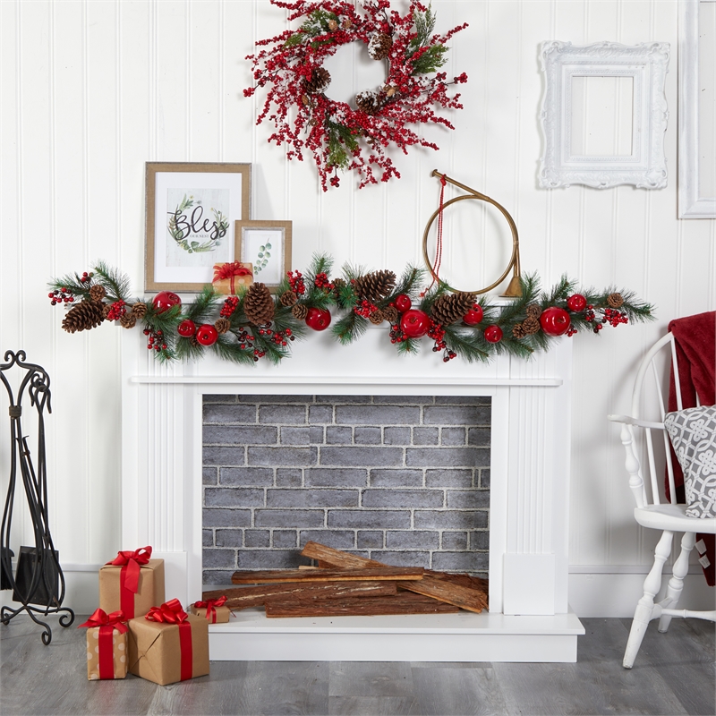 Nearly Natural 6ft Apple Berries & Pinecone Artificial Garland in Green