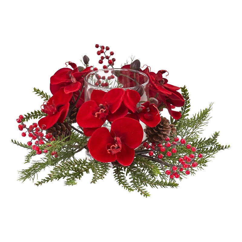 Nearly Natural Orchid Berry & Pine Holiday Candelabrum in Red