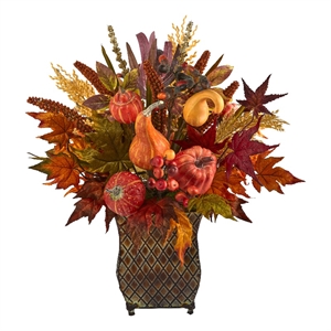 Nearly Natural 21&quot Pumpkin Maple Leaf & Sorghum Harvest in Metal Planter