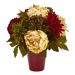 Nearly Natural 14&quot Peony Hydrangea & Dahlia Artificial in Burgundy Vase