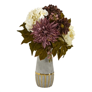 Nearly Natural 17&quot Peony Hydrangea & Dahlia in Stoneware Vase w/ Gold Trimmi