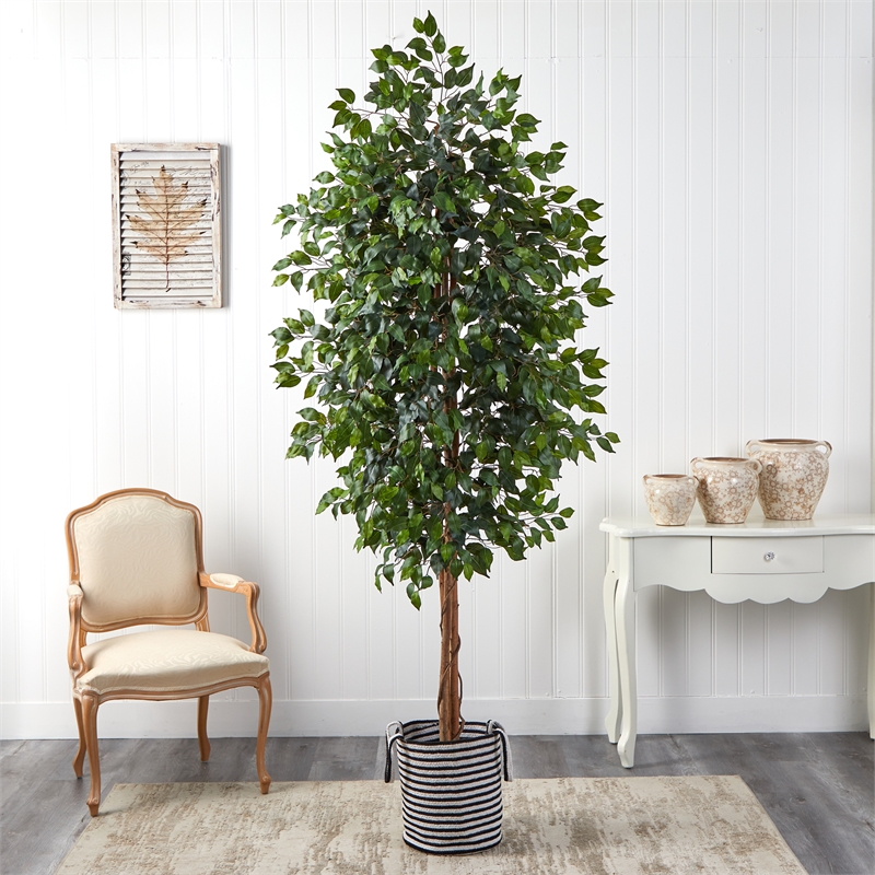 Nearly Natural 8ft Ficus Tree in Handmade Black/White Jute/Cotton Planter