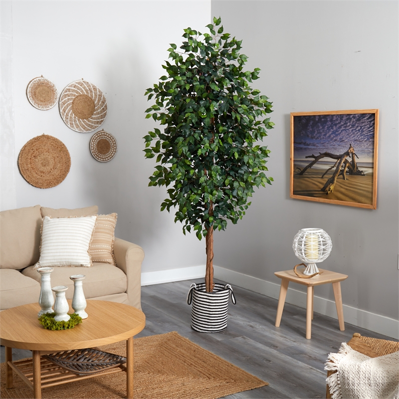 Nearly Natural 8ft Ficus Tree in Handmade Black/White Jute/Cotton Planter