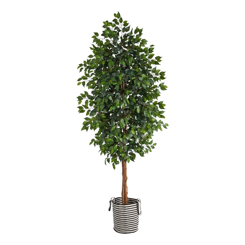 Nearly Natural 8ft Ficus Tree in Handmade Black/White Jute/Cotton Planter