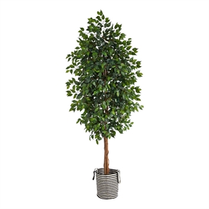 Nearly Natural 8ft Ficus Tree in Handmade Black/White Jute/Cotton Planter