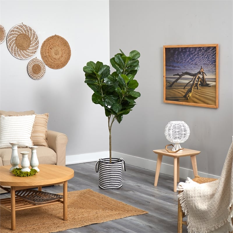 Nearly Natural 6ft Fiddle Leaf Fig Tree in Black/White Jute/Cotton Planter
