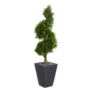 Nearly Natural 5ft Boxwood Spiral Tree in Slate Planter UV Resistant