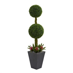 Nearly Natural 5ft Double Boxwood Ball Tree in Slate Planter UV Resistant