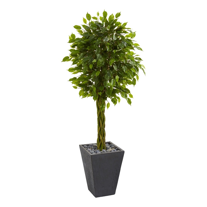 Nearly Natural 5ft Braided Ficus Tree in Slate Planter UV Resistant
