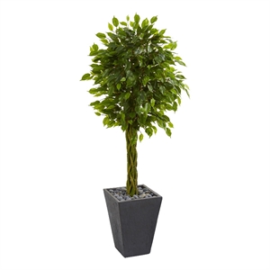 Nearly Natural 5ft Braided Ficus Tree in Slate Planter UV Resistant