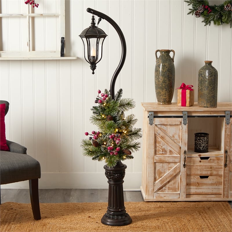 Nearly Natural 5ft Holiday Decorated Lamp Post with Christmas Greenery Berries