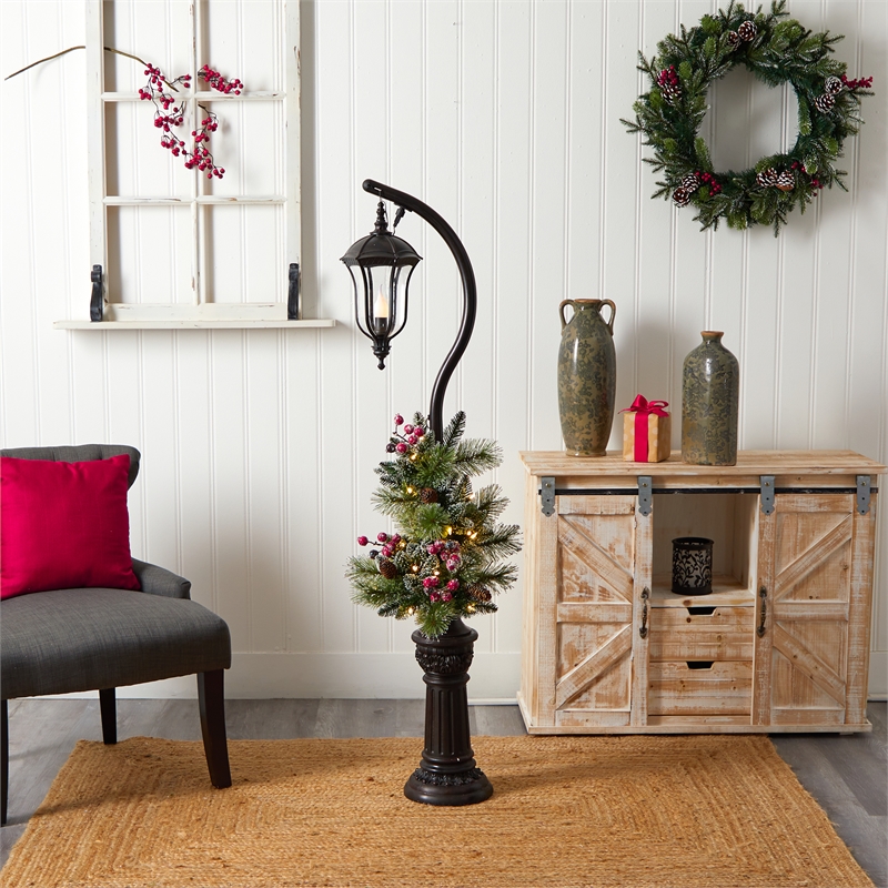 Nearly Natural 5ft Holiday Decorated Lamp Post with Christmas Greenery Berries