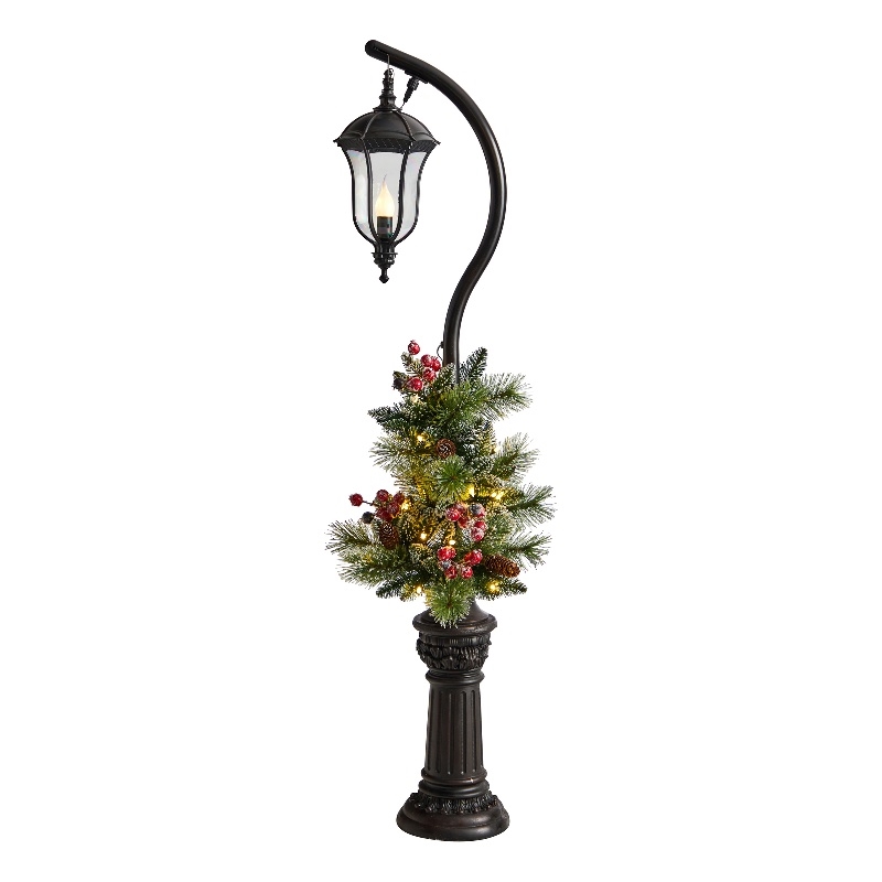 Nearly Natural 5ft Holiday Decorated Lamp Post with Christmas Greenery Berries