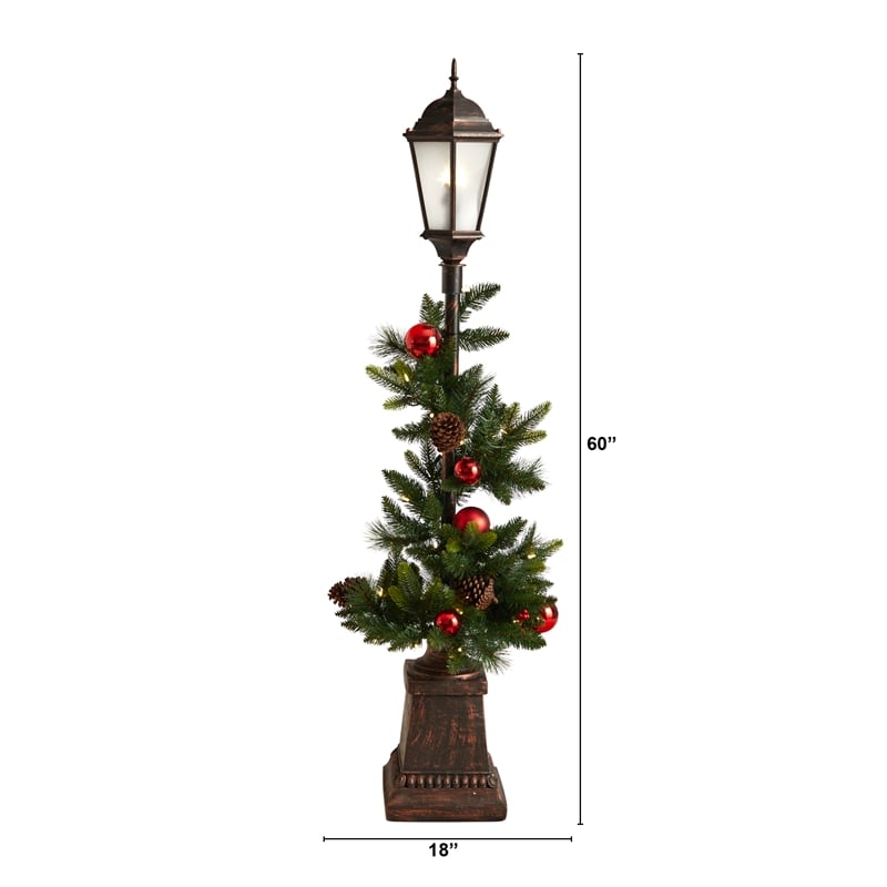 Nearly Natural 5ft Holiday Decorated Lamp Post w/ Christmas Greenery Ornaments
