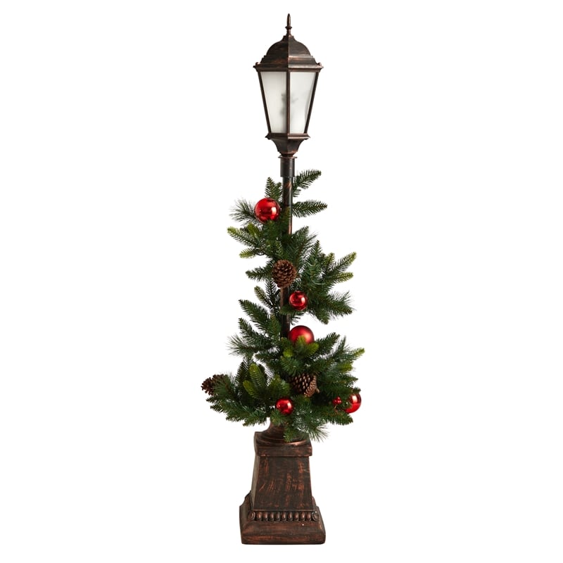 Nearly Natural 5ft Holiday Decorated Lamp Post w/ Christmas Greenery Ornaments