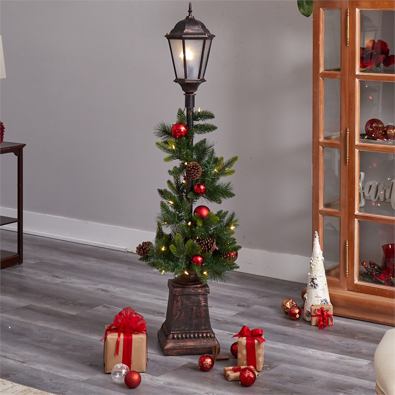 Nearly Natural 5ft Holiday Decorated Lamp Post w/ Christmas Greenery Ornaments
