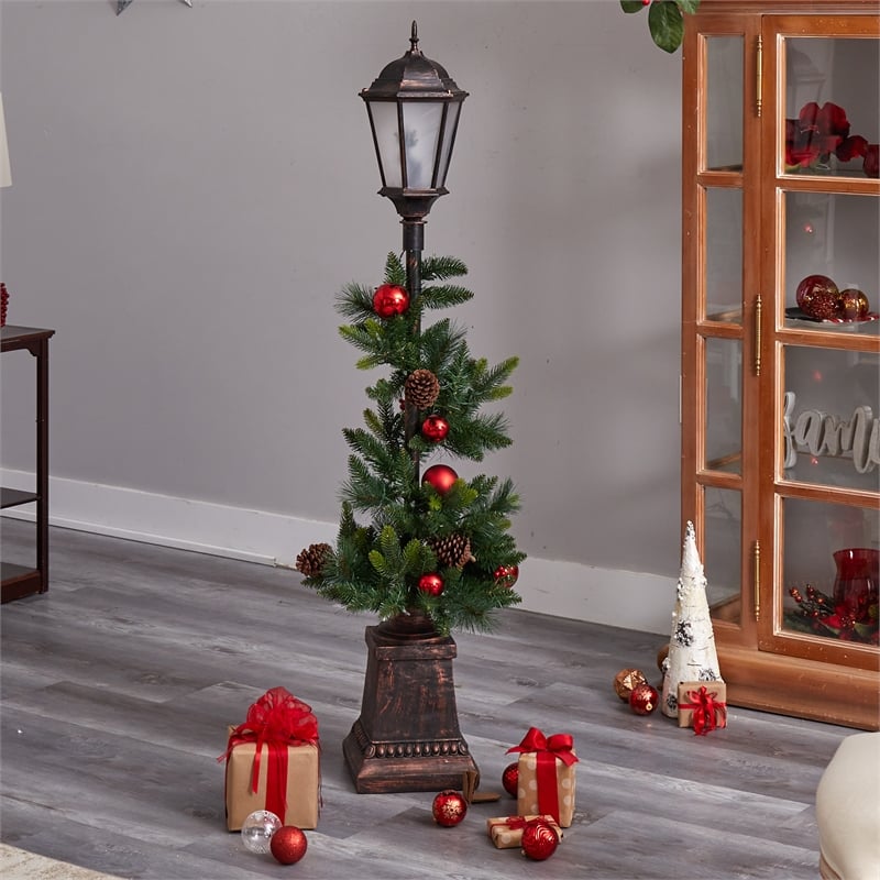 Nearly Natural 5ft Holiday Decorated Lamp Post w/ Christmas Greenery Ornaments