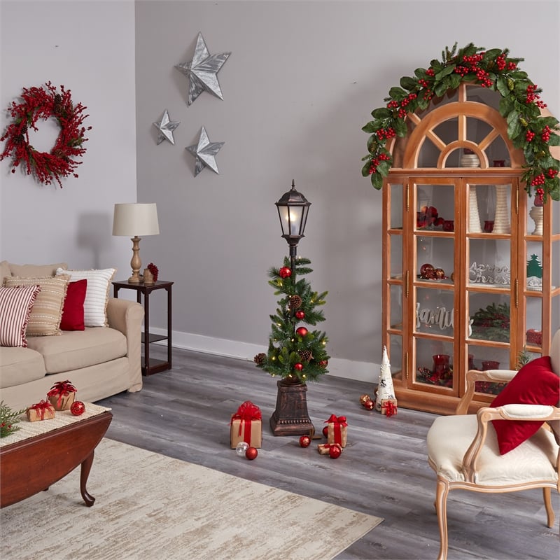 Nearly Natural 5ft Holiday Decorated Lamp Post w/ Christmas Greenery Ornaments