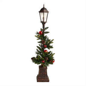 Nearly Natural 5ft Holiday Decorated Lamp Post w/ Christmas Greenery Ornaments