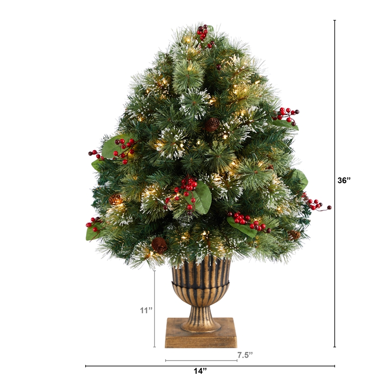 Nearly Natural 3ft Holiday Pre-Lit Snow Tip Greenery Berries & Pinecones Plant