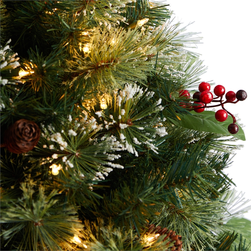 Nearly Natural 3ft Holiday Pre-Lit Snow Tip Greenery Berries & Pinecones Plant