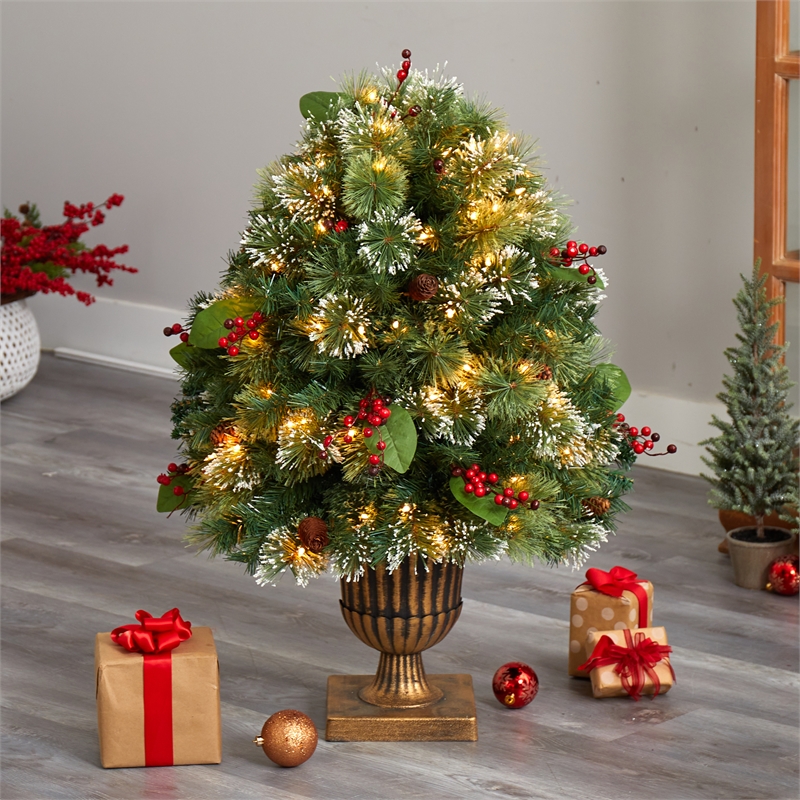 Nearly Natural 3ft Holiday Pre-Lit Snow Tip Greenery Berries & Pinecones Plant