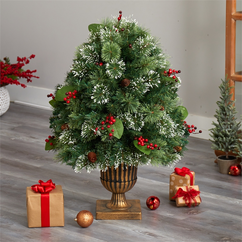 Nearly Natural 3ft Holiday Pre-Lit Snow Tip Greenery Berries & Pinecones Plant