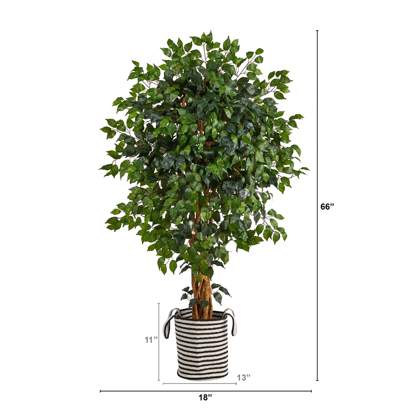 Nearly Natural 5.5ft Palace Ficus Tree in Black/White Jute & Cotton Planter