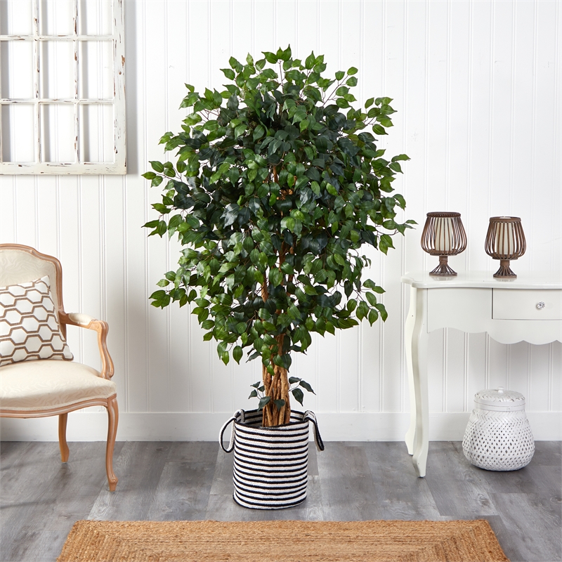 Nearly Natural 5.5ft Palace Ficus Tree in Black/White Jute & Cotton Planter