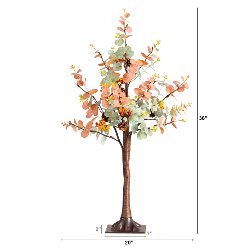 Nearly Natural 3ft Pre-Lit Autumn Eucalyptus Fall Tree w/ Pinecones Berries