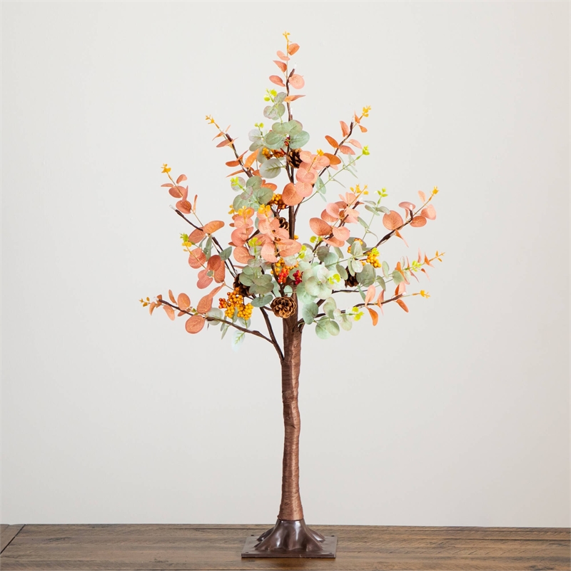 Nearly Natural 3ft Pre-Lit Autumn Eucalyptus Fall Tree w/ Pinecones Berries