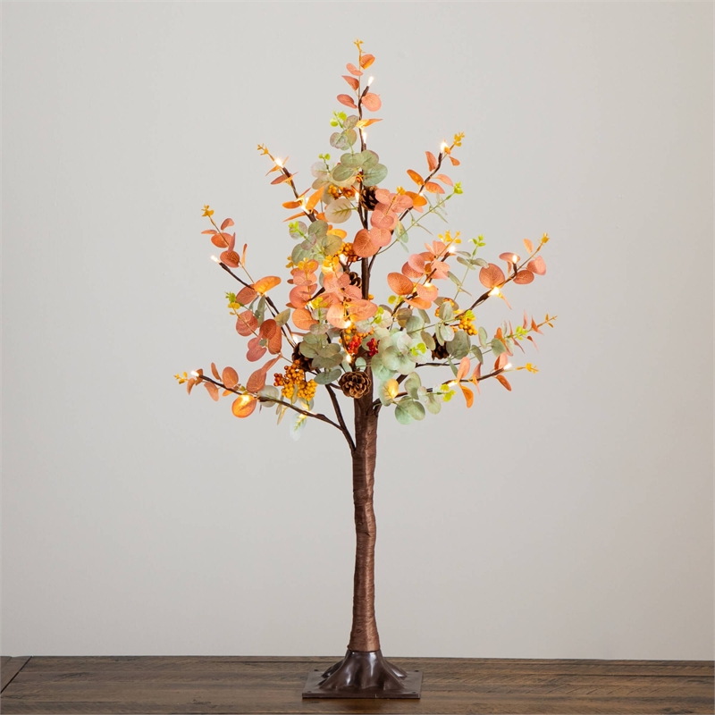Nearly Natural 3ft Pre-Lit Autumn Eucalyptus Fall Tree w/ Pinecones Berries