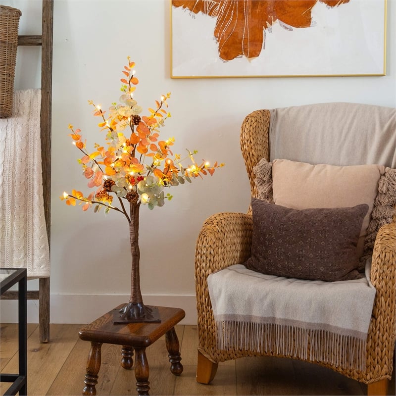 Nearly Natural 3ft Pre-Lit Autumn Eucalyptus Fall Tree w/ Pinecones Berries
