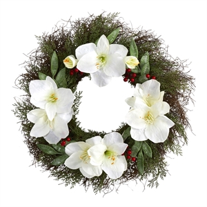 Nearly Natural 20&quot CedarAmaryllis & Ruscus w/Berries Artificial Wreath in Green