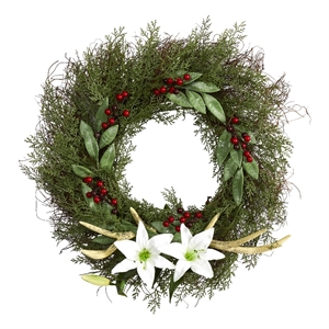 Nearly Natural 20&quot Cedar Antlers Lily & Ruscus w/ Berries Artificial Wreath