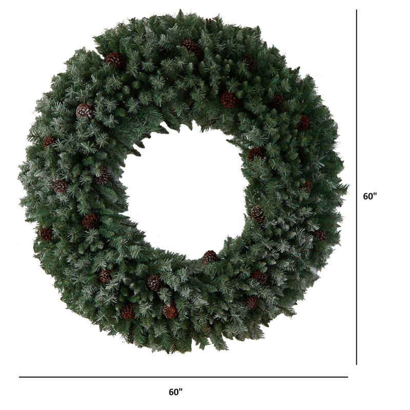 Nearly Natural 5ft Giant Flocked Christmas Wreath w/ Pinecones 400 Clear LED