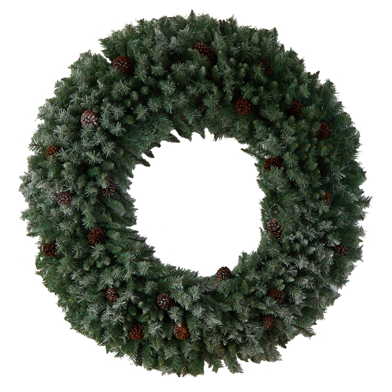Nearly Natural 5ft Giant Flocked Christmas Wreath w/ Pinecones 400 Clear LED