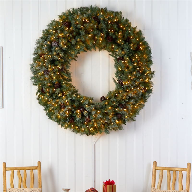 Nearly Natural 5ft Giant Flocked Christmas Wreath w/ Pinecones 400 Clear LED