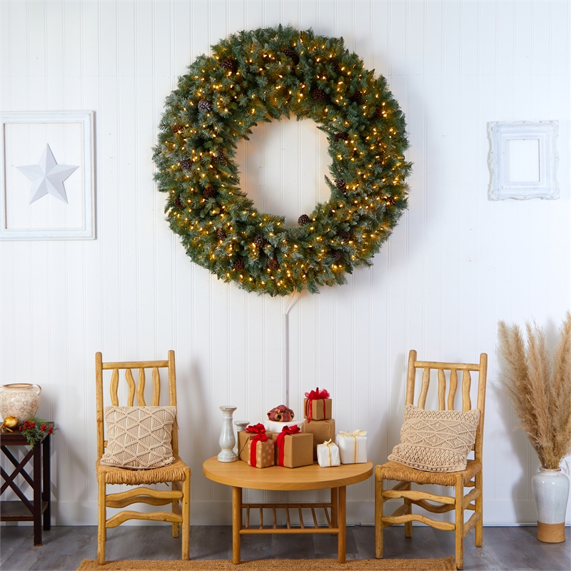 Nearly Natural 5ft Giant Flocked Christmas Wreath w/ Pinecones 400 Clear LED