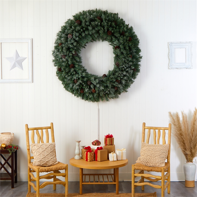 Nearly Natural 5ft Giant Flocked Christmas Wreath w/ Pinecones 400 Clear LED