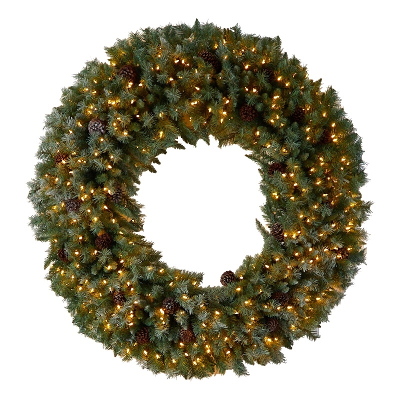 Nearly Natural 5ft Giant Flocked Christmas Wreath w/ Pinecones 400 Clear LED