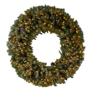 Nearly Natural 5ft Giant Flocked Christmas Wreath w/ Pinecones 400 Clear LED