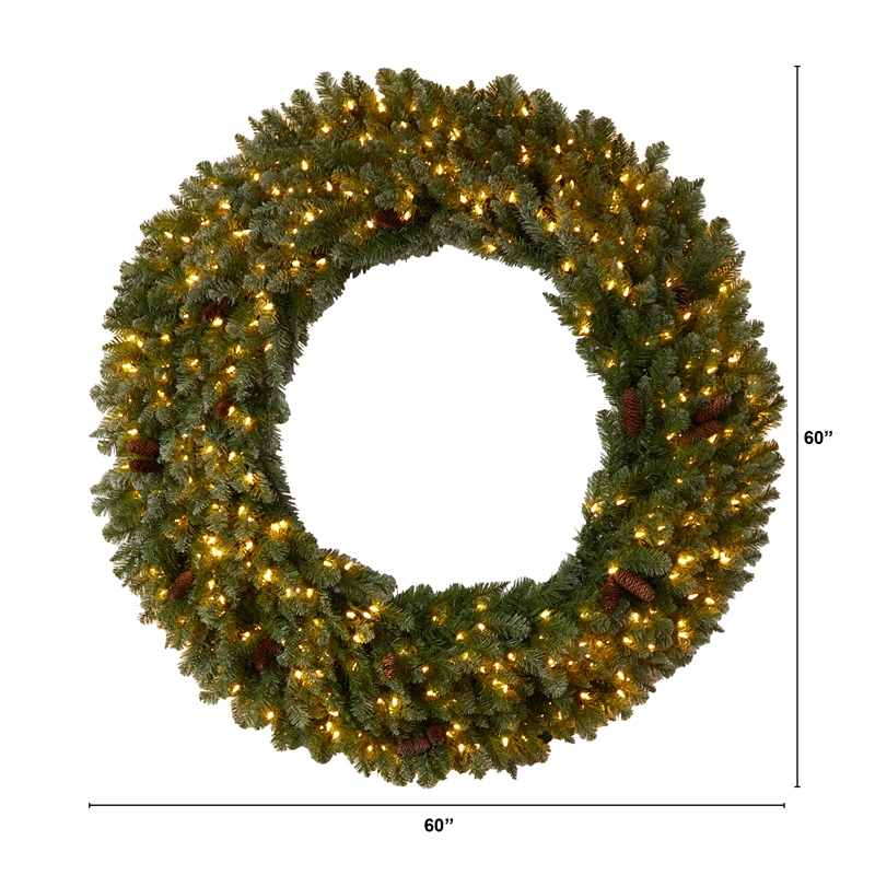 Nearly Natural 5ft Flocked Christmas Wreath w/ Pinecones 300 Clear LED