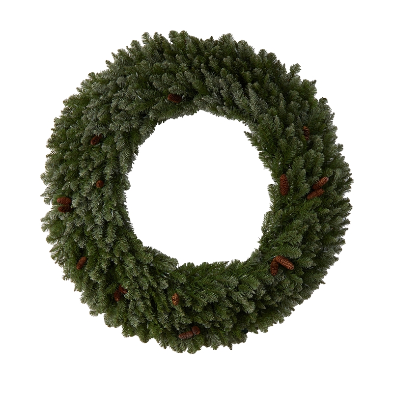 Nearly Natural 5ft Flocked Christmas Wreath w/ Pinecones 300 Clear LED